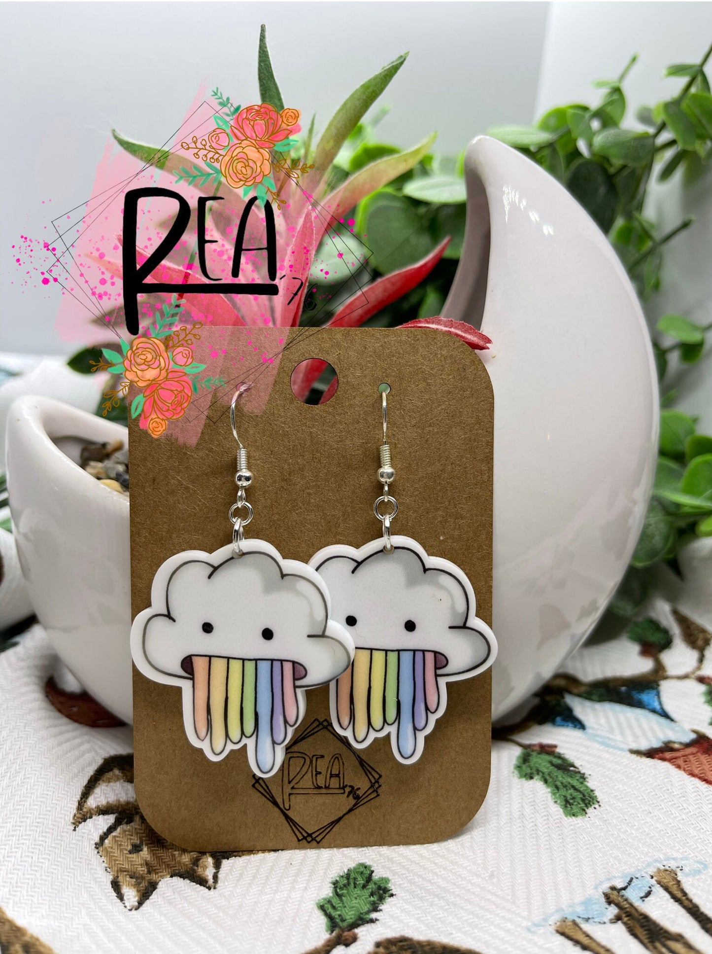 Rainbow Puking Cloud Dangle Acrylic Earrings.